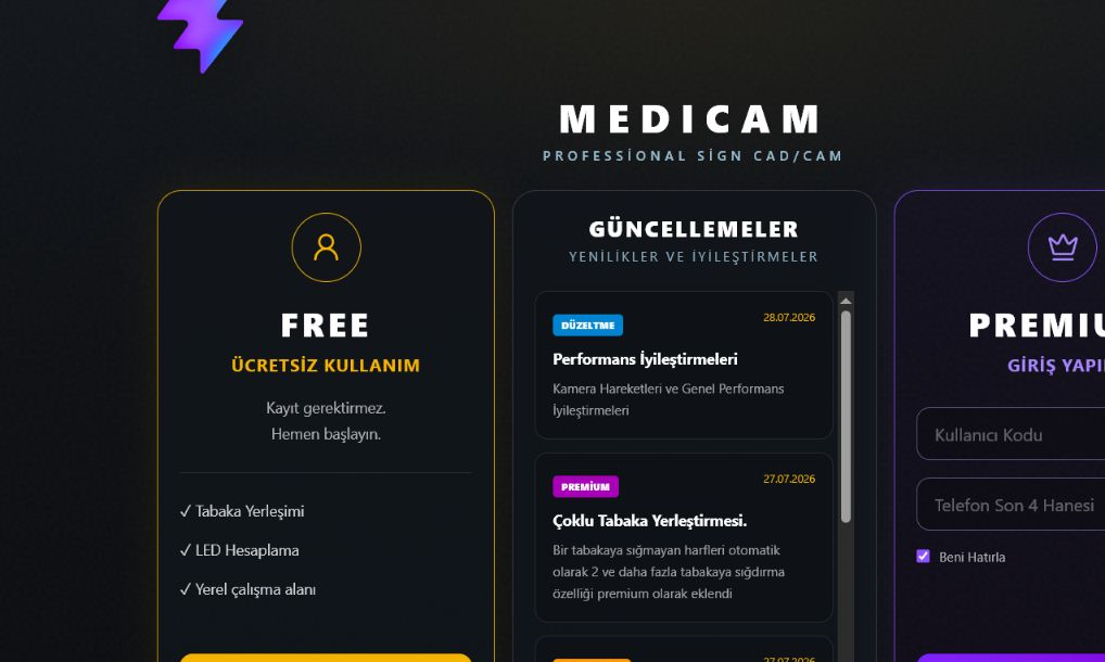 MediCAM Free ve Premium erişim ekranı